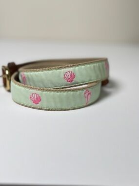 Brooks Brothers Canvas Leather Belt Green Pink Shell Nautical Preppy Size M